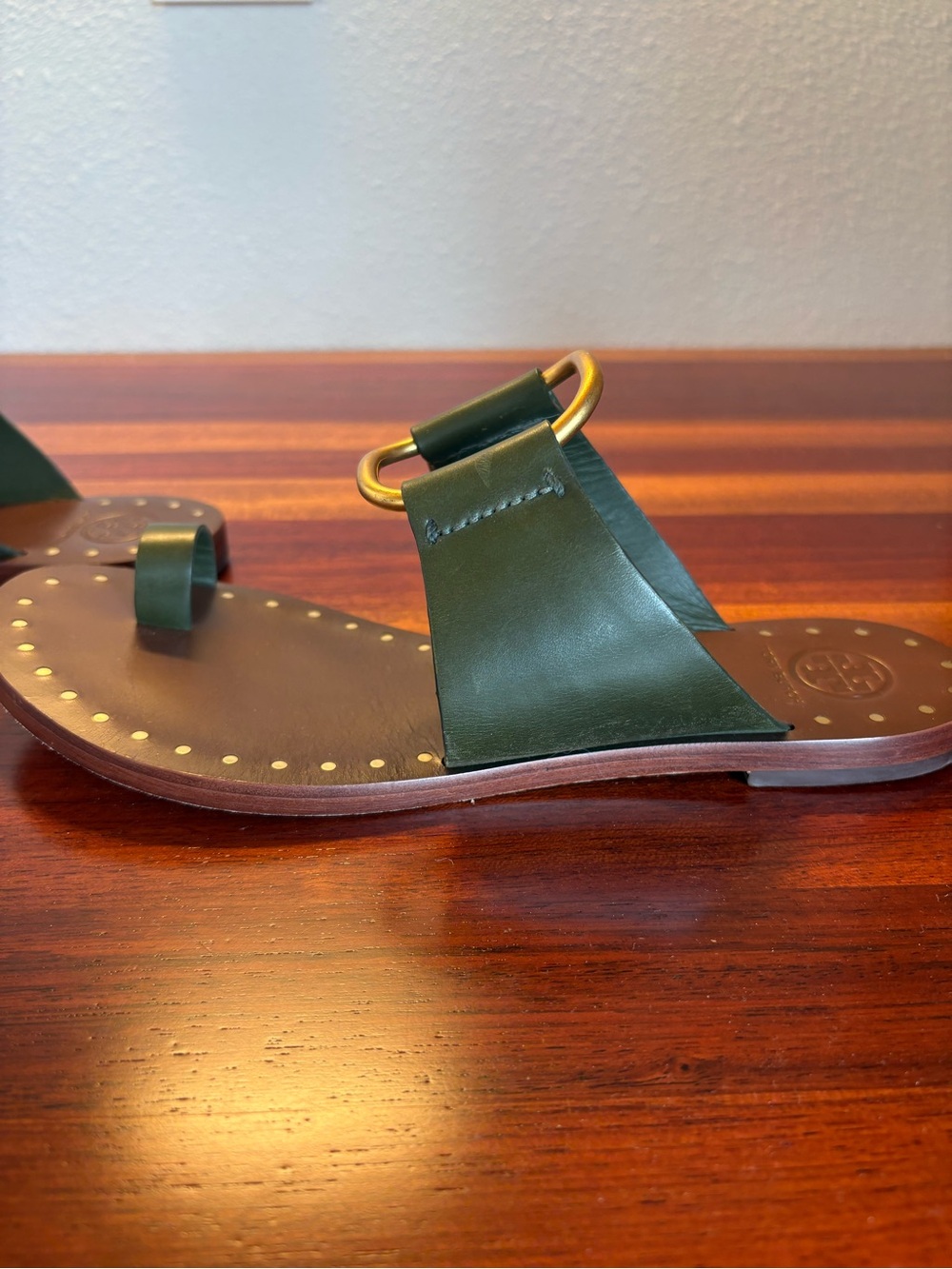 Tory Burch Brannan Studded Sandals in Olive Green Leather with Gold Hardware - Picture 9 of 14